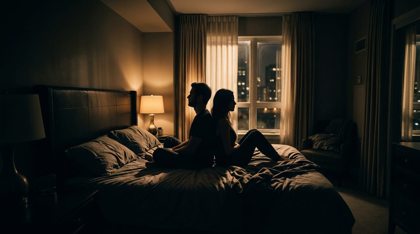 Silhouettes of a man and woman sitting back-to-back on a bed with a window showing city lights at night